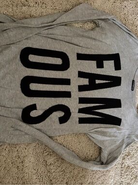 Express Gray Crewneck Sweater with Black 'FAMOUS' Graphic